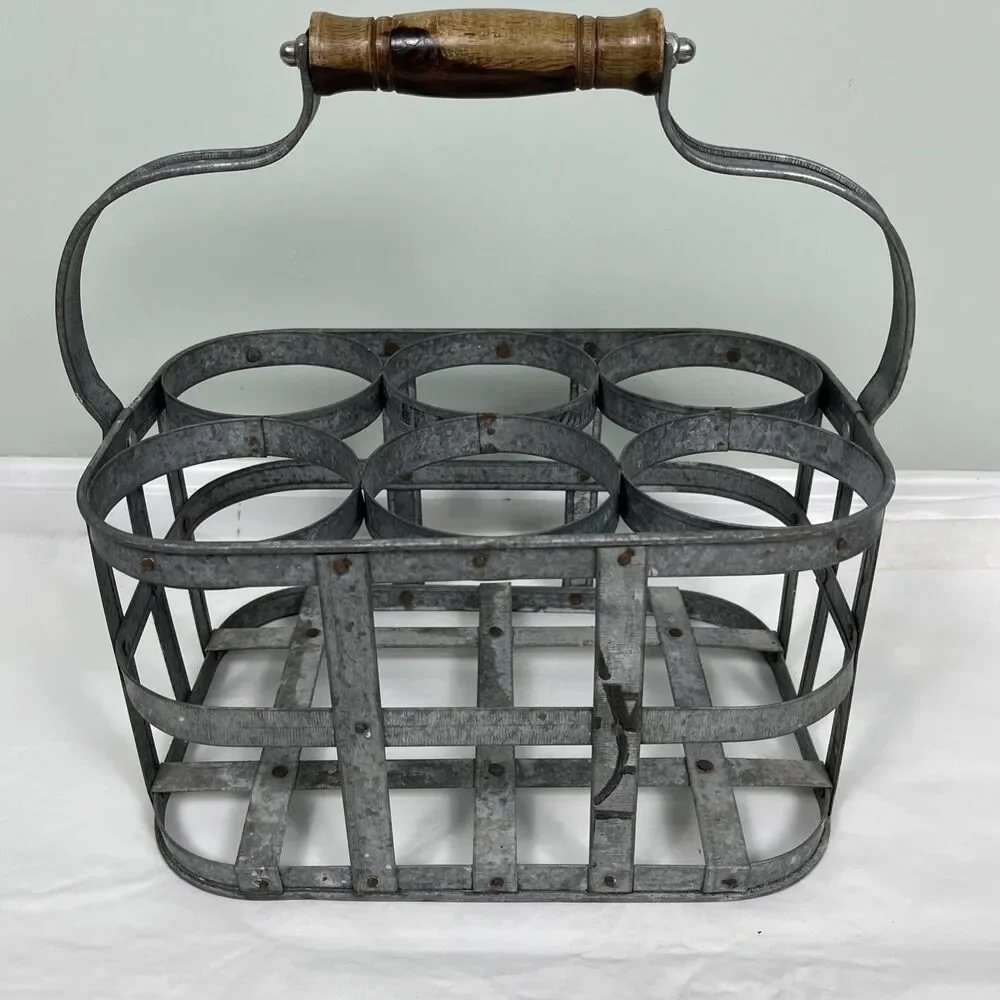 VTG Galvanized Metal 6 Bottle Caddy Carrier Wood Handle Patina Rustic Cottage